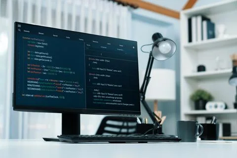 Programming code on computer screen desktop placing on working desk. Infobahn. Stockfoto's