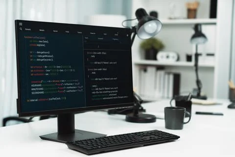 Programming code on computer screen desktop placing on working desk. Infobahn. 스톡 사진