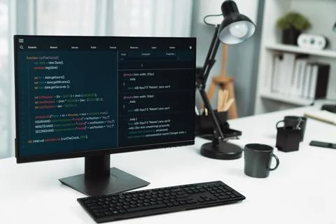 Programming code on computer screen desktop placing on working desk. Infobahn. Stockfoto's