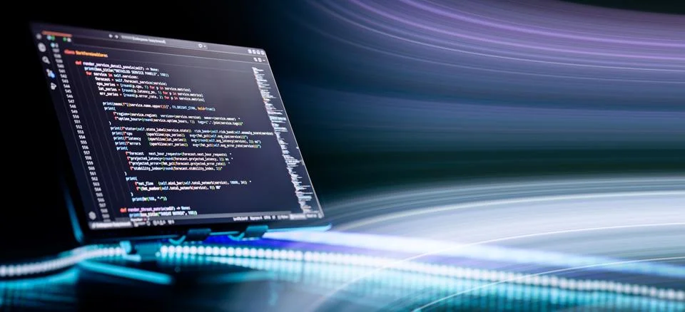Programming code on a computer screen with fast abstract light trails. Concep Foto stock