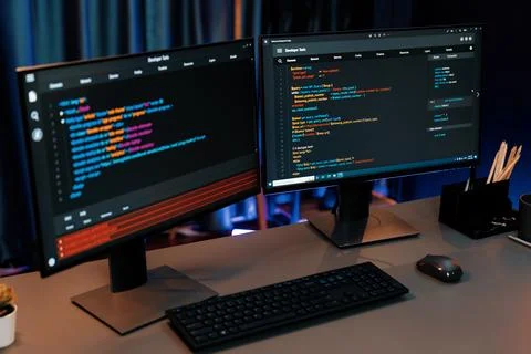 Programming code on computer two screen on desktop at neon light room. Infobahn. 스톡 사진