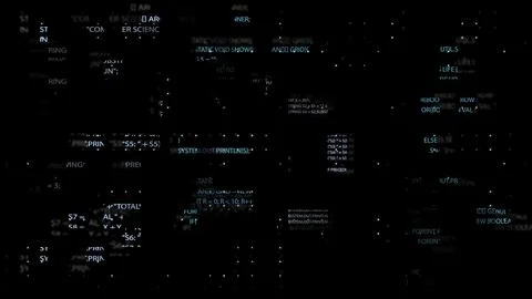 Programming code forming a digital universe with glowing programming keywords 写真素材