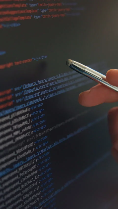 Programming code, hands or stylus with computer screen for debugging, testing Stock Footage 319811856