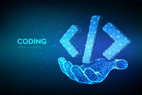 Programming code icon. 3D Low polygonal abstract programming code symbol in h Stock Illustration