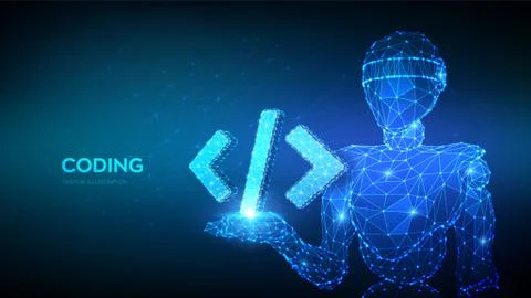 Programming code icon. Abstract 3d robot holding programming code symbol in h Stock Illustration