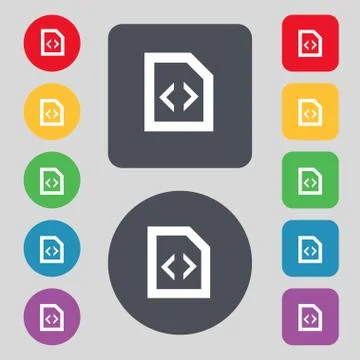 Programming code icon sign. A set of 12 colored buttons. Flat design. Vector 스톡 일러스트