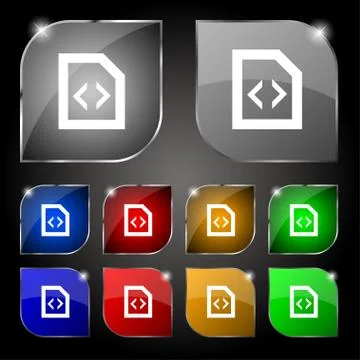 Programming code icon sign. Set of ten colorful buttons with glare. Vector Stock Illustration
