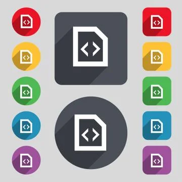 Programming code icon sign. A set of 12 colored buttons and a long shadow. Flat Stock Illustration