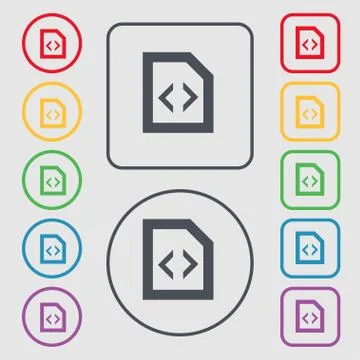 Programming code icon sign. symbol on the Round and square buttons with frame. 库存插图