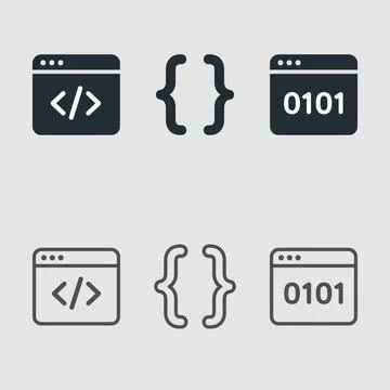 Programming code icons with angle brackets, curly braces, and binary code 0.. Stock Illustration
