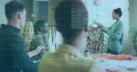 Programming code image over people shopping for clothes in store Stock Photos