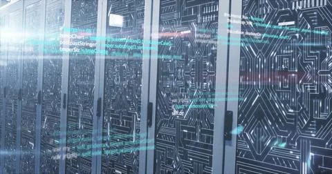 Programming code image over server racks in data center Stockfoto's