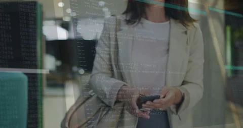 Programming code image over woman using smartphone in modern office 스톡 일러스트