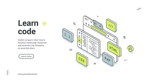 Programming code learning software development isometric web banner design te Stock Illustration