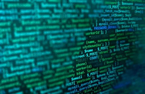 Programming code on monitor screen. Developer work. Abstract background for s 스톡 사진