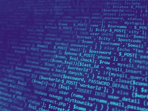 Programming code on monitor screen. Developer work. Abstract background for s 스톡 사진