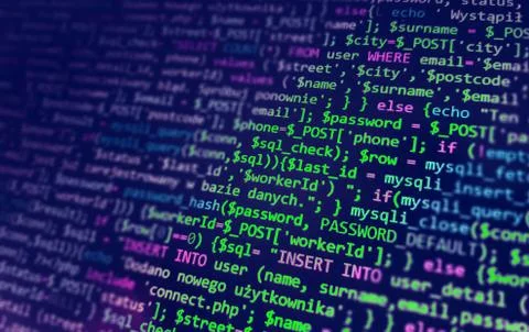 Programming code on monitor screen. Developer work. Abstract background for s 스톡 사진