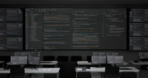Programming Code Moving On Big Black Screen Horizontal With Multiple Monitors Stock Footage 245288790