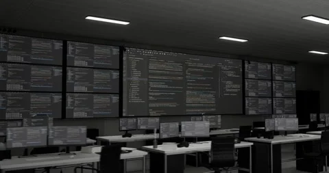 Programming Code Moving On Big Black Screen Horizontal With Multiple Monitors Video stock 245288820