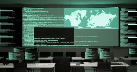 Programming Code Moving On Big Black Screen Horizontal With Multiple Monitors Stock Footage 245288916