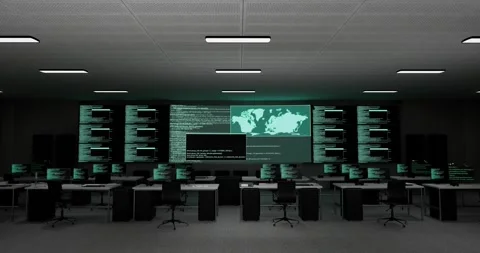 Programming Code Moving On Big Black Screen  Horizontal With Multiple Monitors Stock Footage 245288969