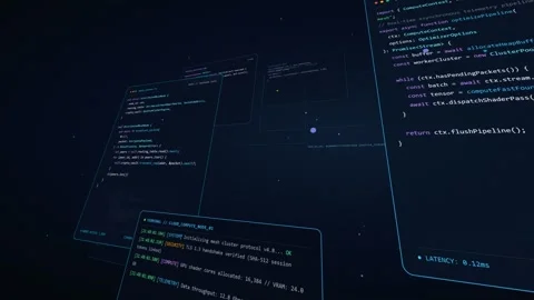 Programming code on multiple digital screens in a dark space. 4K 3D Render Vídeo Stock 344845011