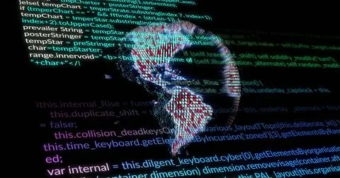 Programming code over image of human face, representing cybersecurity and data 스톡 사진