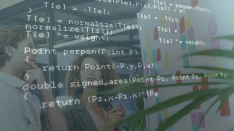 Programming code overlay appearing guiding office team studying sticky notes for Stock Footage 314848355