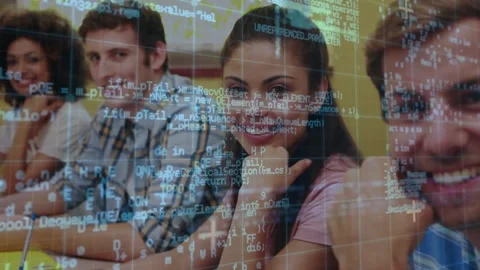 Programming code overlay receding and revealing four students focusing camera Stock Footage 320127974