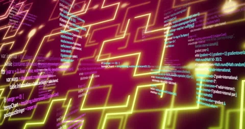 Programming code overlay on red background with neon yellow geometric patterns Stock Footage 306171167