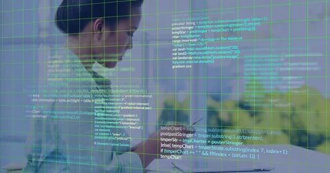 Programming code overlaying scene, business professional using smartphone in 写真素材