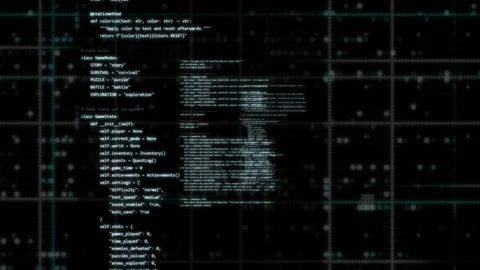 Programming code overlays animation on black background with flickering Video stock 306809755