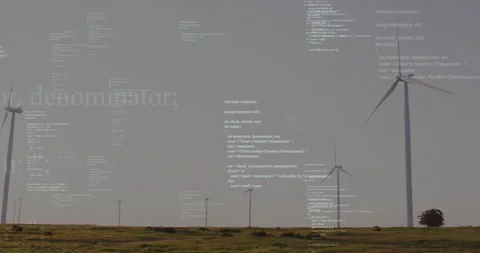 Programming code panels emerging over wind turbines initiating live data Stock Footage 312898438