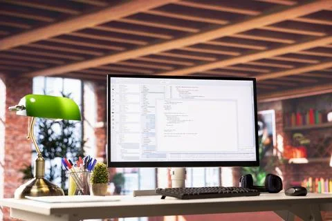 Programming code on PC display used for developing software 스톡 사진