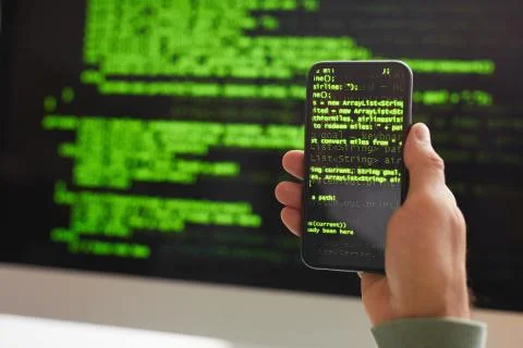Programming code on the phone Foto stock