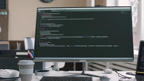 Programming Code Running on Desktop Monitor Stock Footage 274343245