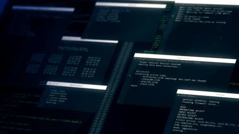 Programming code on screen, hacker stealing data, virus infiltrating pc syste Foto stock