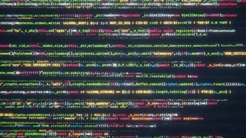Programming code scrolling on a dark screen with glitch effects Video stock 335741897