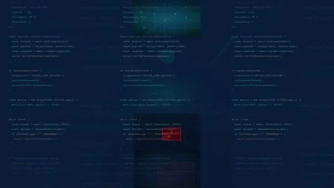 Programming Code Scrolling with Network Connections and Cyber Security Alert Video stock 341074015