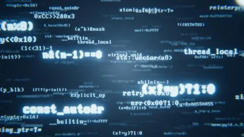 Programming code scrolling on a screen, representing software development 库存插图