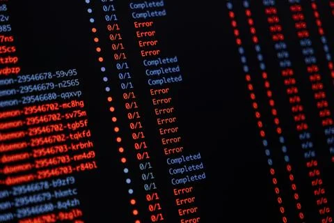 Programming code showing a list of task statuses with many red error messages Stock Photos