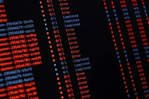Programming code showing multiple system failure status messages and process Stock Photos