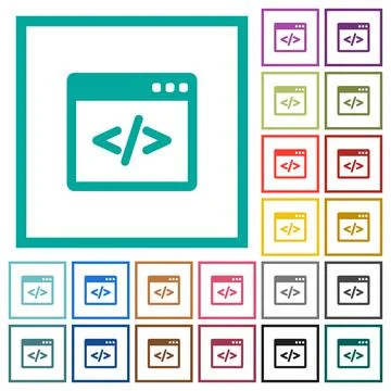Programming code in software window flat color icons with quadrant frames Stock Illustration