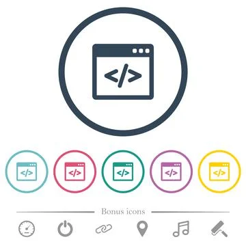 Programming code in software window flat color icons in round outlines Stock Illustration