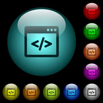 Programming code in software window icons in color illuminated glass buttons Stockillustratie