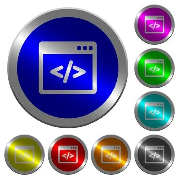 Programming code in software window luminous coin-like round color buttons Stock Illustration