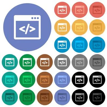 Programming code in software window round flat multi colored icons Stock Illustration