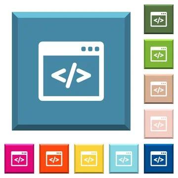 Programming code in software window white icons on edged square buttons Stock Illustration
