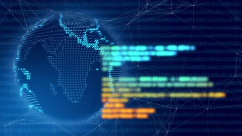 Programming code technology video of software development with rotating earth Stock Footage 157064252