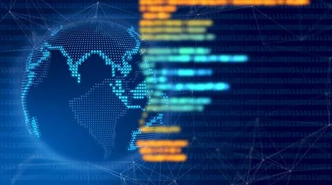 Programming code technology video of software development with rotating earth Stock Illustration